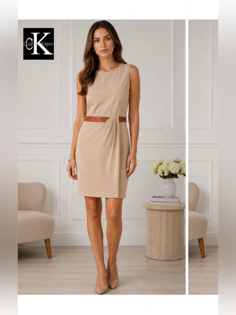 Calvin Klein sz 6 Beige Sheath Dress stretch knit faux leather neutral slveless